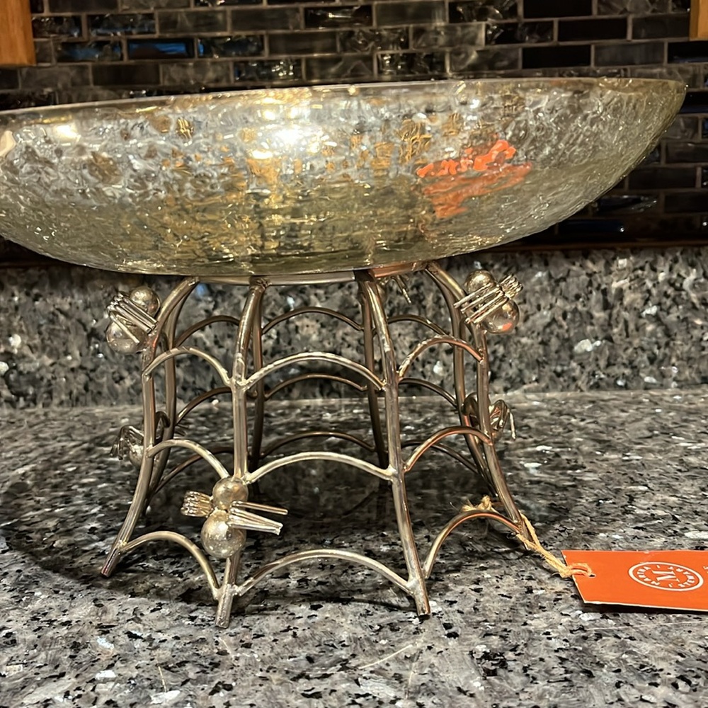 Martha Stewart Mercury Glass Spider Bowl On Metal Stand Halloween Spooky w tag - Picture 2 of 13